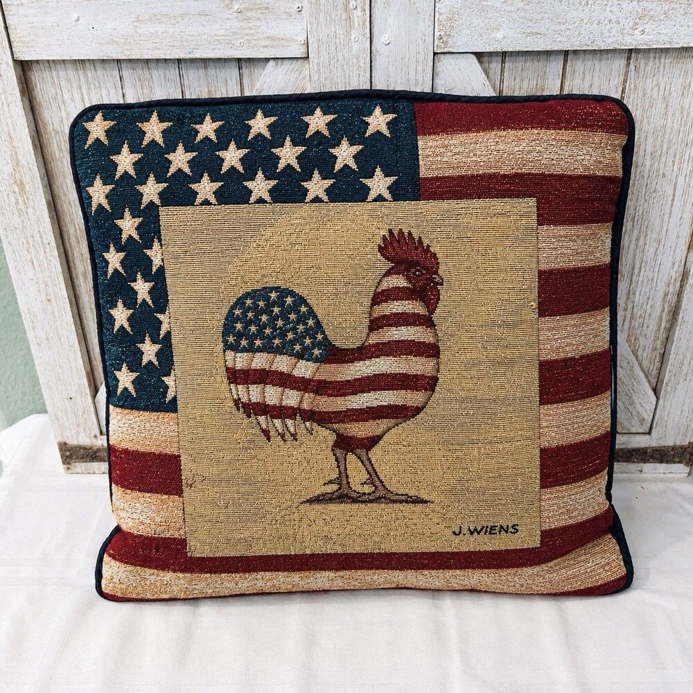 Vintage J Wiens Patriotic Rooster Tapestry Pillow Stars Stripes Americana 16"